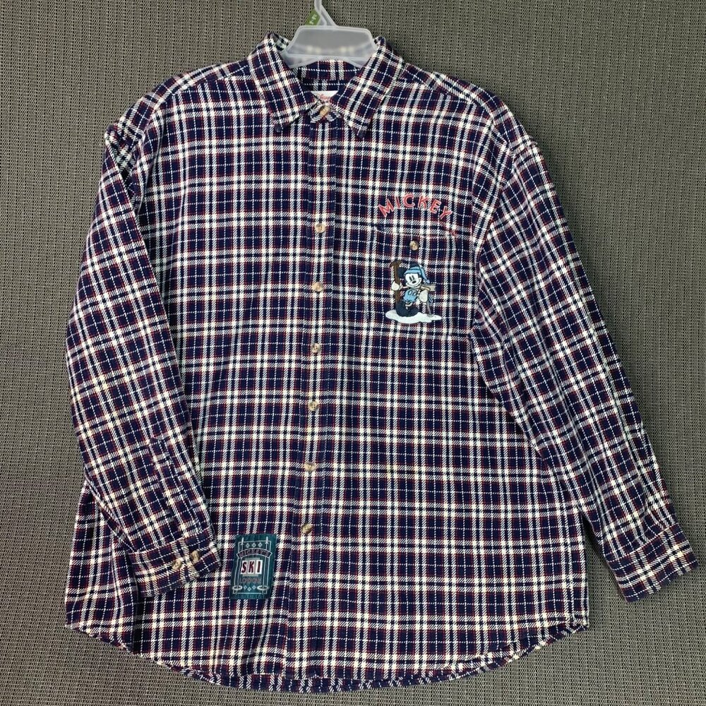 Disney Store Mickeys Ski Lodge Mens Size Large Navy Plaid Long Sleeve Shirt